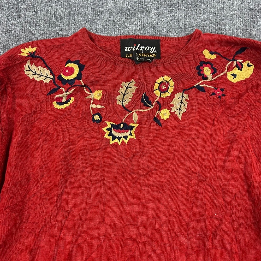 Wilroy Sweater Womens XL Red Floral Embroidered Long Sleeve Crewneck Knit Top